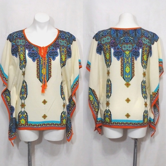 Peachpuff USA Bohemian Kaftan Boxy Tunic Top Medium Lounge Resortwear Flowy - Picture 3 of 13